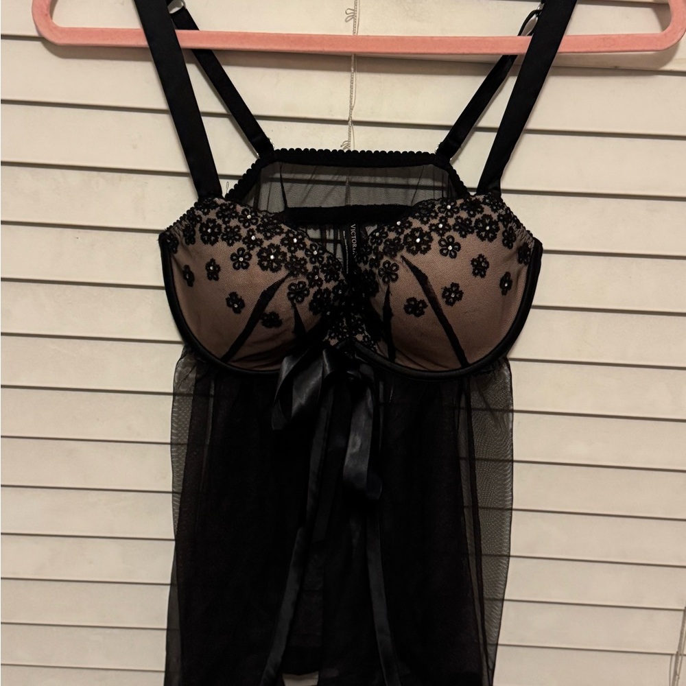 Victoria's Secret Black Floral Lace Chemise